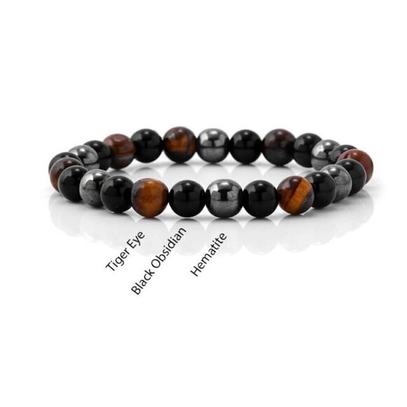 Mindful Souls Triple Stone Protection Bracelet Hematite Tigers Eye Obsidian - Picture 3 of 3